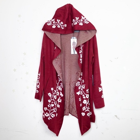 𝅺Vertigo poppy intarsia burgundy & white floral hooded cardi sweater coa… - Picture 12 of 15